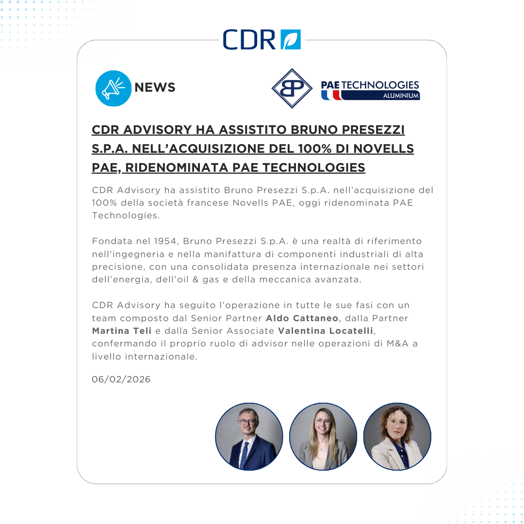 CDR Advisory ha assistito Bruno Presezzi S.p.A. nell’acquisizione del 100% di Novells PAE, ridenominata PAE Technologies