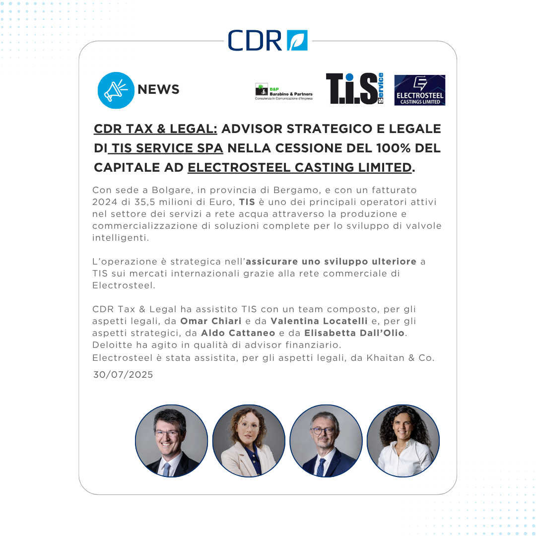 CDR Tax & Legal advisor strategico e legale per TIS Service S.p.A. nella cessione del 100% del capitale a Electrosteel Casting Limited