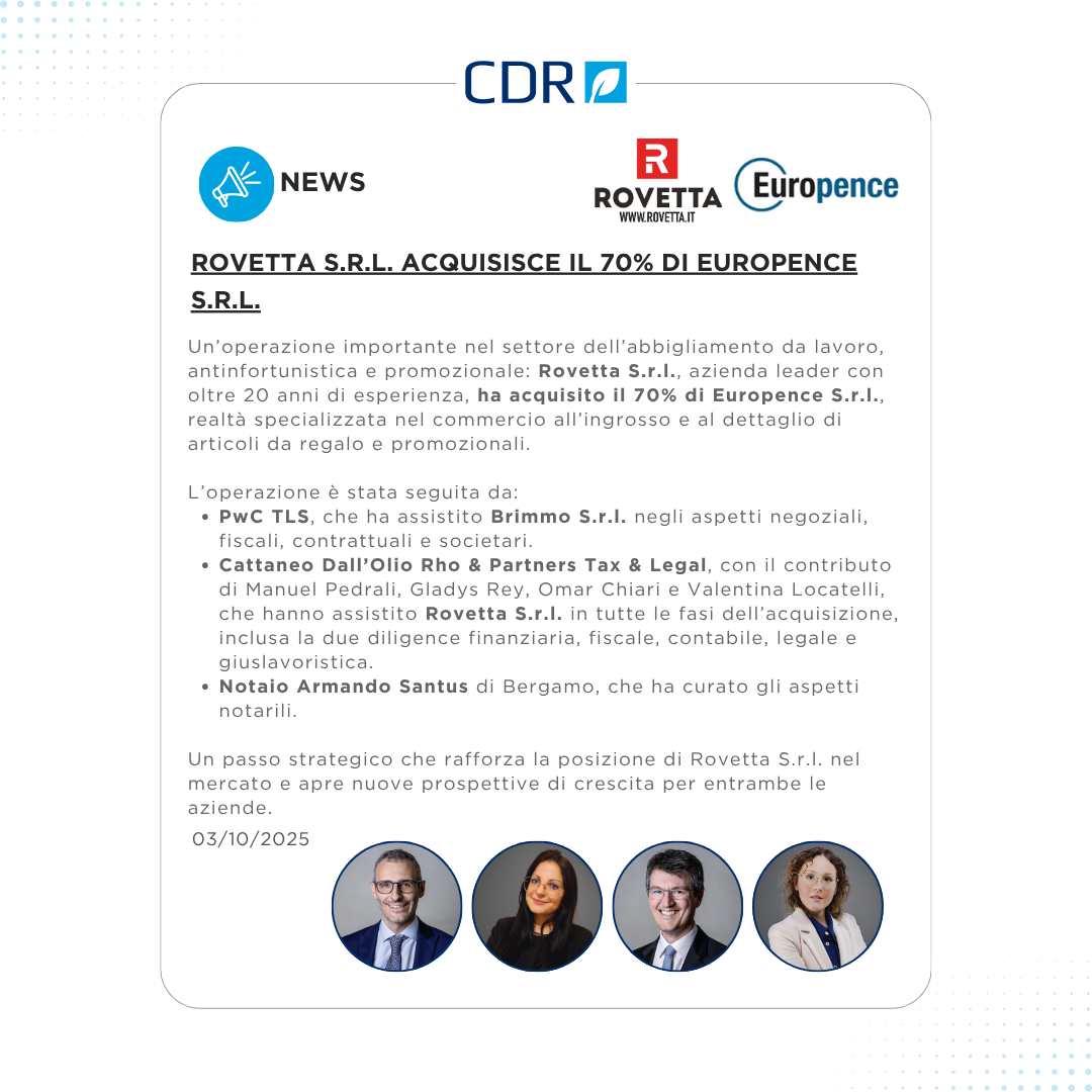 Rovetta S.r.l. acquisisce il 70% di Europence S.r.l.