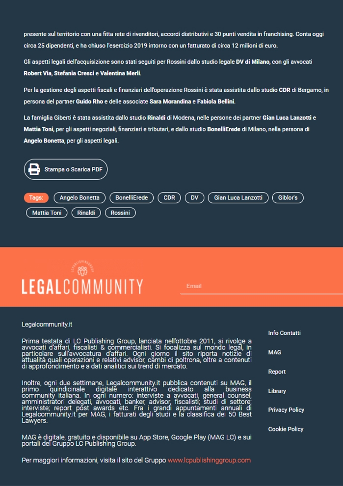 Rossini Trading acquisisce Giblor’s. DV e CDR advisor del deal. Pag. 2